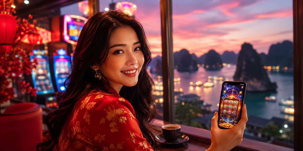 Người dùng trải nghiệm casino trên mobile bên vịnh Hạ Long với tách cà phê sáng