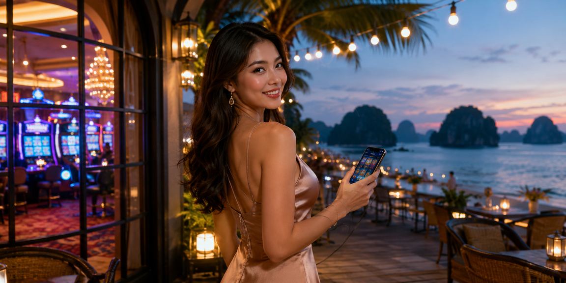 Người dùng trải nghiệm casino trên điện thoại tại vịnh Hạ Long bên ly cà phê buổi sáng